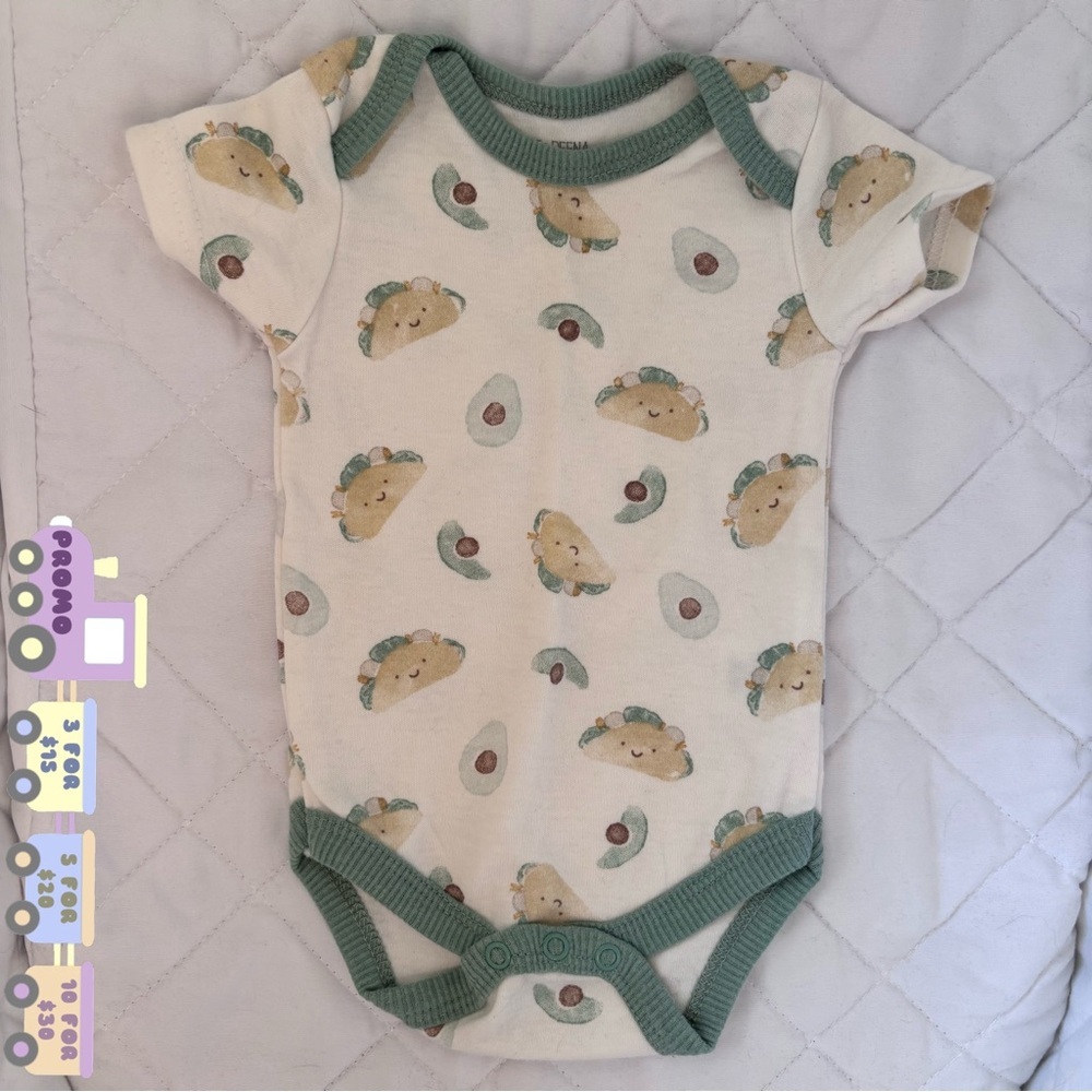 ⭒ 3-6M Kyle & Deena New York Avocado Taco Bodysuit Pastel Unisex Green Trim ⭒